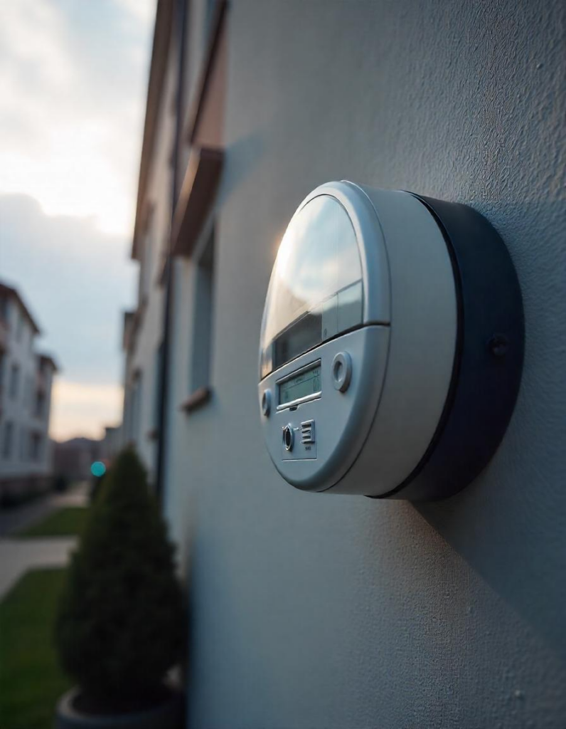Medidor inteligente de electricidad montado en la pared exterior de un edificio residencial moderno, con un fondo desenfocado de más edificios y un cielo nublado al atardecer.